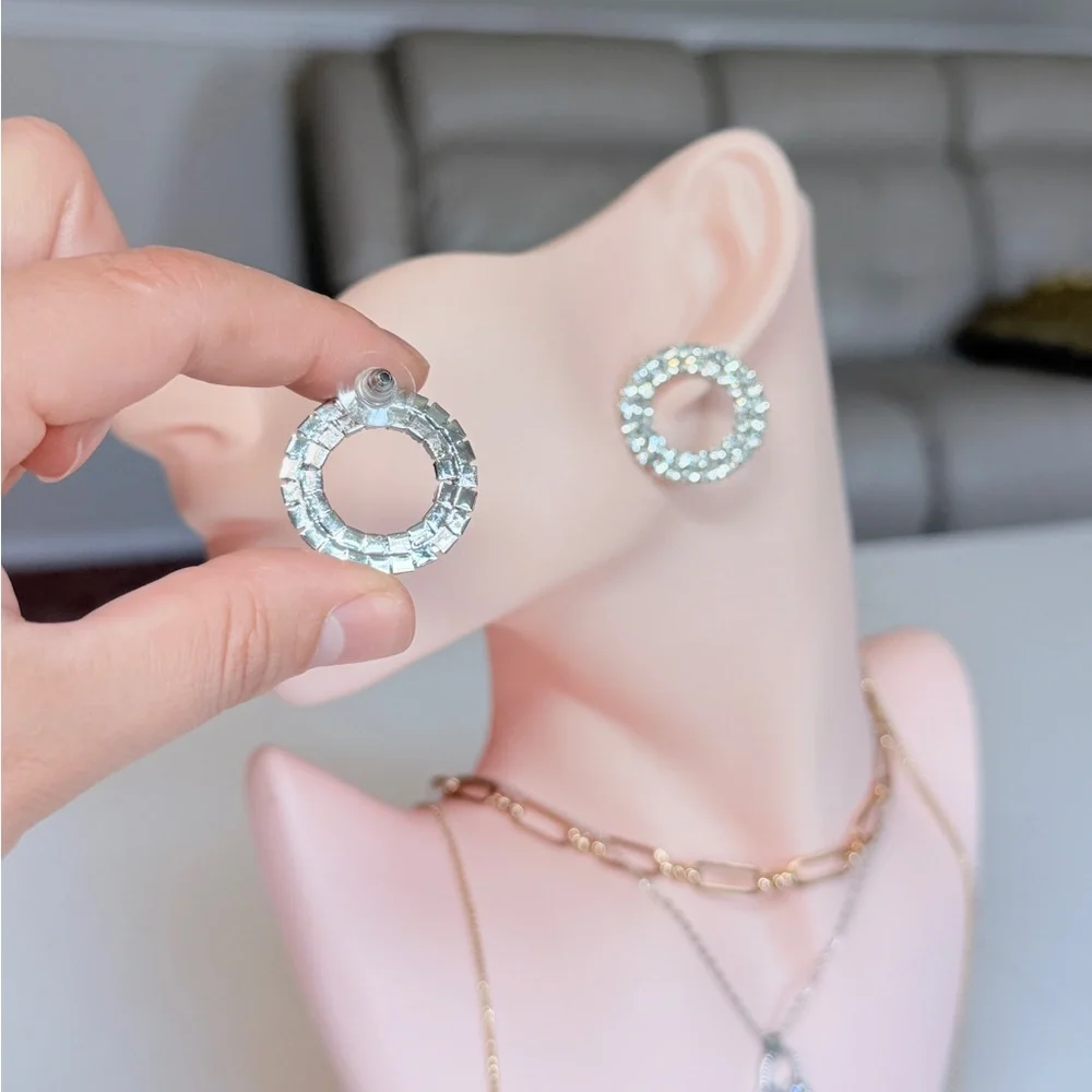 Crystal Circle Stud Earrings - Silver Tone